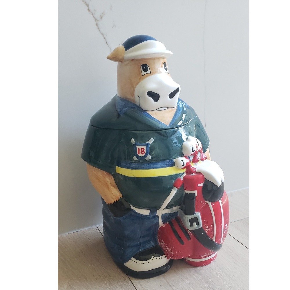 Vintage Cow Cookie Jar Golfer Ceramic Whimsical Kitchen Decor 12 Inch